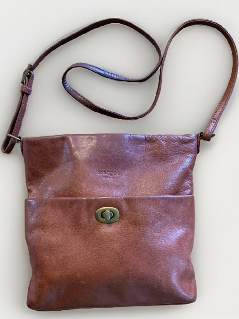 Margo New York Vintage Brown Leather Crossbody with Turn-Lock Closure Boho